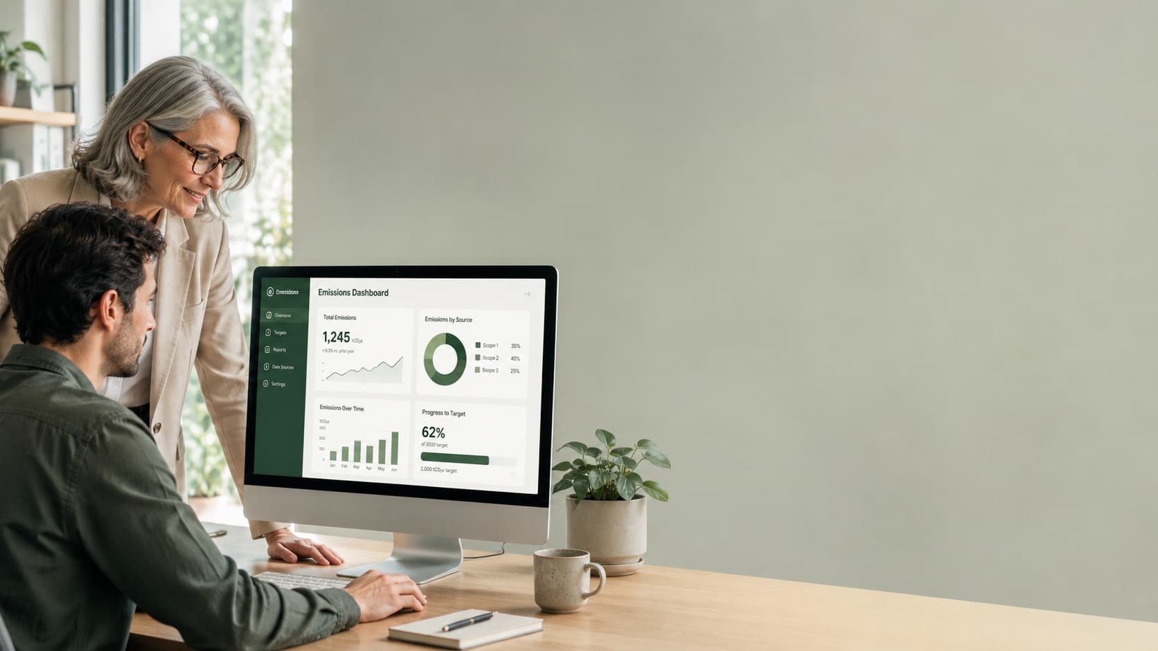 An analyst reviewing an Aclymate emissions dashboard while a manager advises over their shoulder